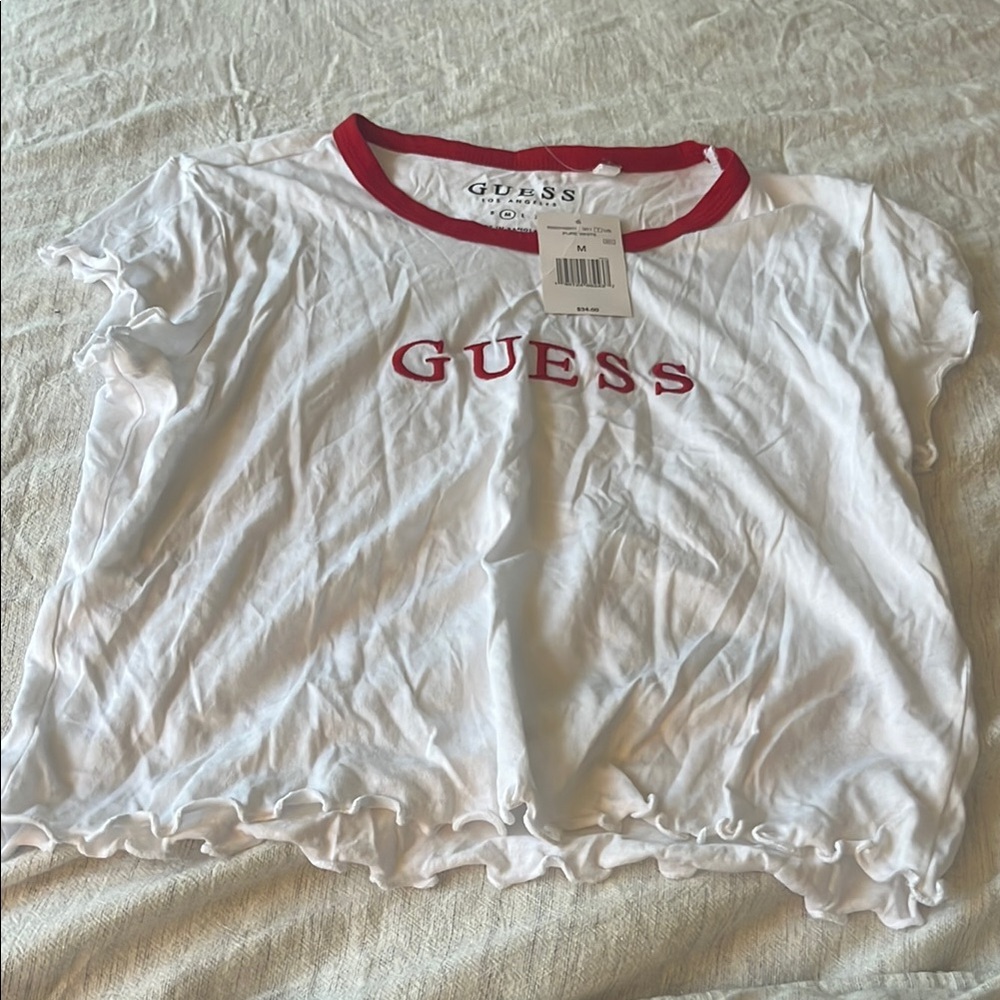 Guess White baby Tee with Red Trim and Logo